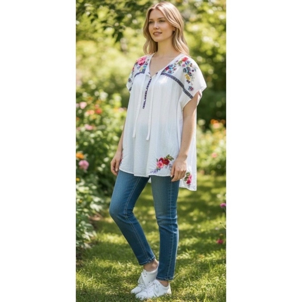 Johnny Was Womens Size S Floral Embroidered Crinkle Tunic Boho Peasant Cottage